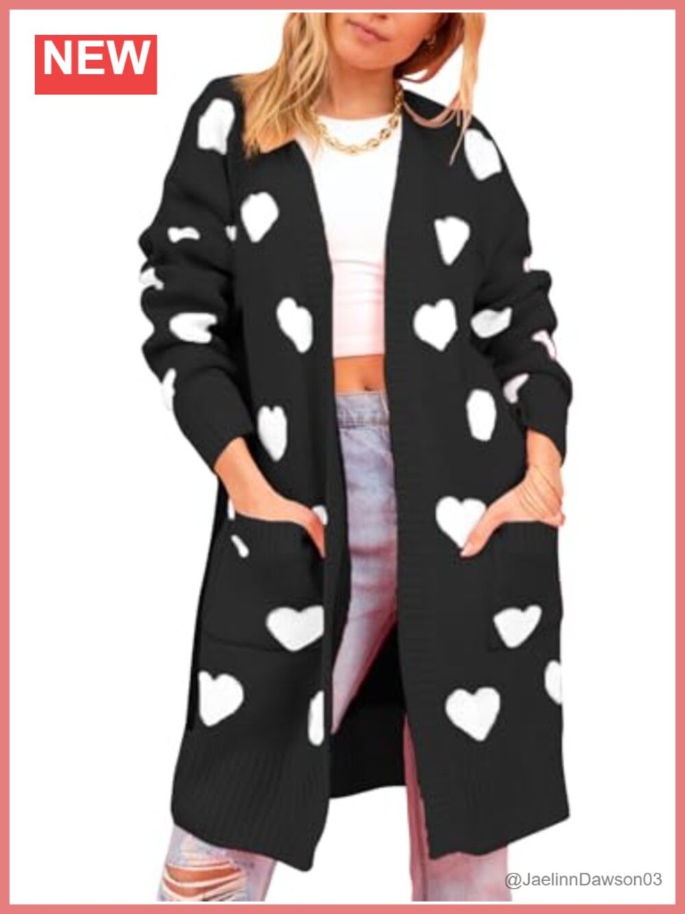 Heart Print Long Cardigan V Neck Ribbed Knit Open Front Sweater with Pockets